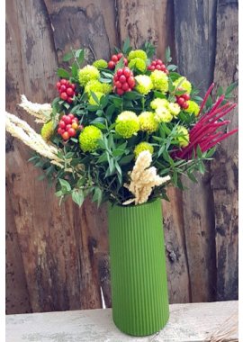 Pleksi Vazoda Kokina ve Yeşil Ponpon Krizantem