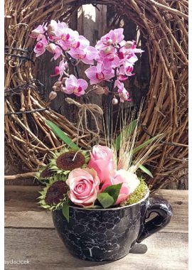 Seramik Fincanda Midi Orkide,Pembe Gül ve Ayçiçeği