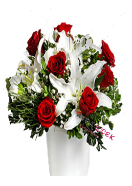 Seramik Vazoda Lilyum ve Kırmızı Güller